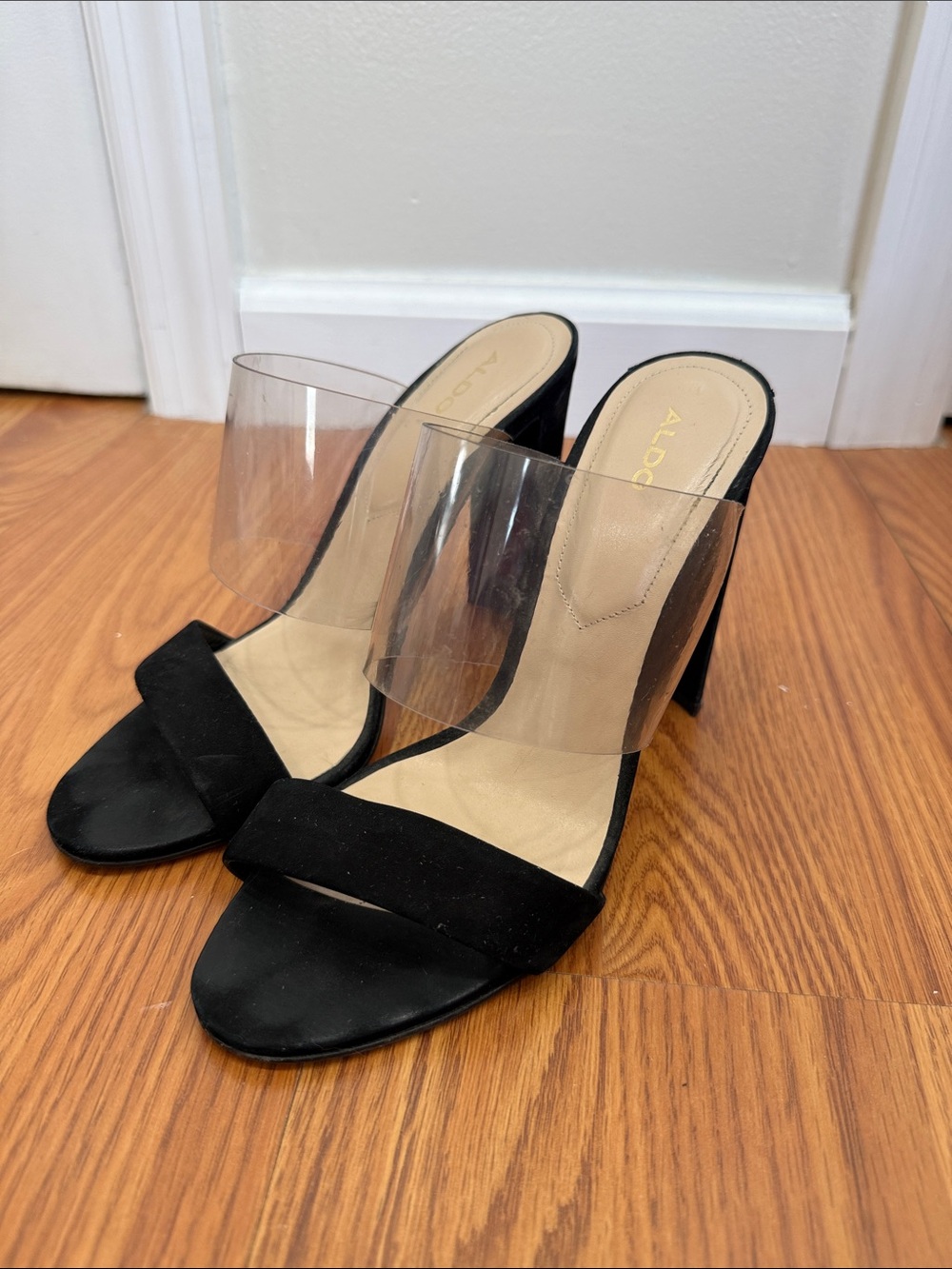 Aldo Black Suede and Clear-Panel High Heel Mules